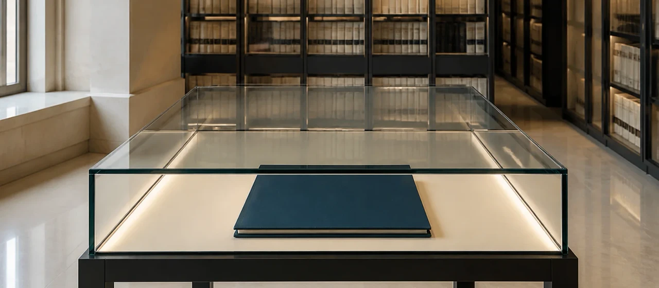 Closed annual accounts portfolio displayed in a quiet archive reading room
