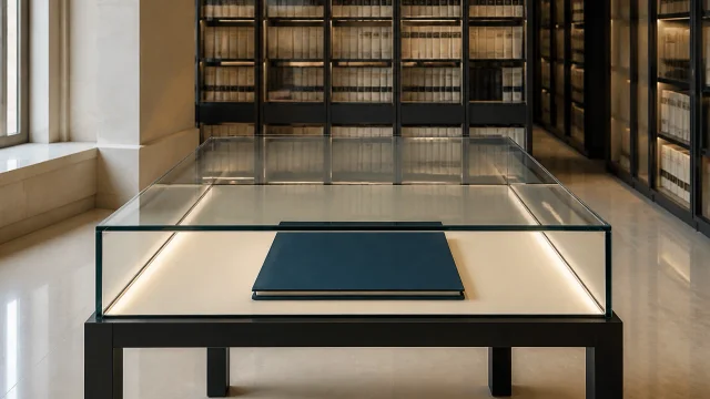 Closed annual accounts portfolio displayed in a quiet archive reading room