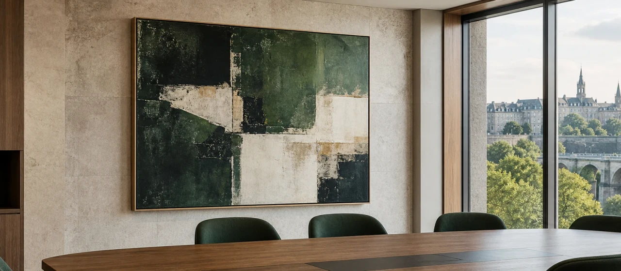 Contemporary artwork in a meeting room with an illustrative view of Luxembourg City