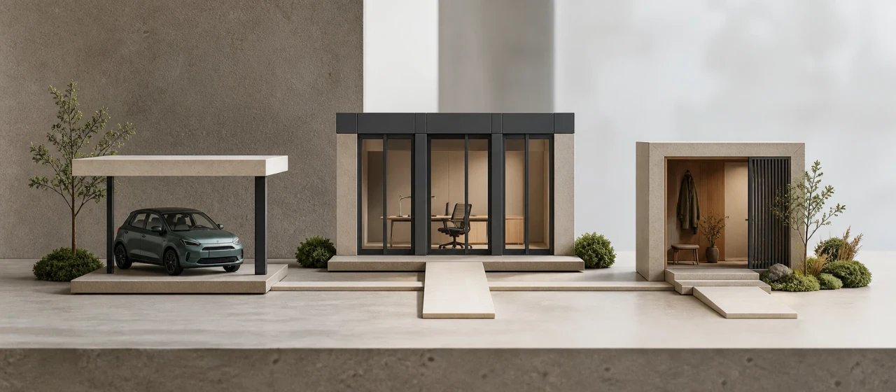 Company car, workplace and residential entrance linked within one model to illustrate two benefits in kind