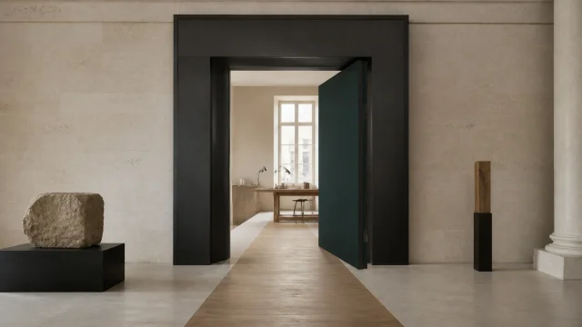Open threshold leading to an equipped workspace to illustrate entry into a regulated activity