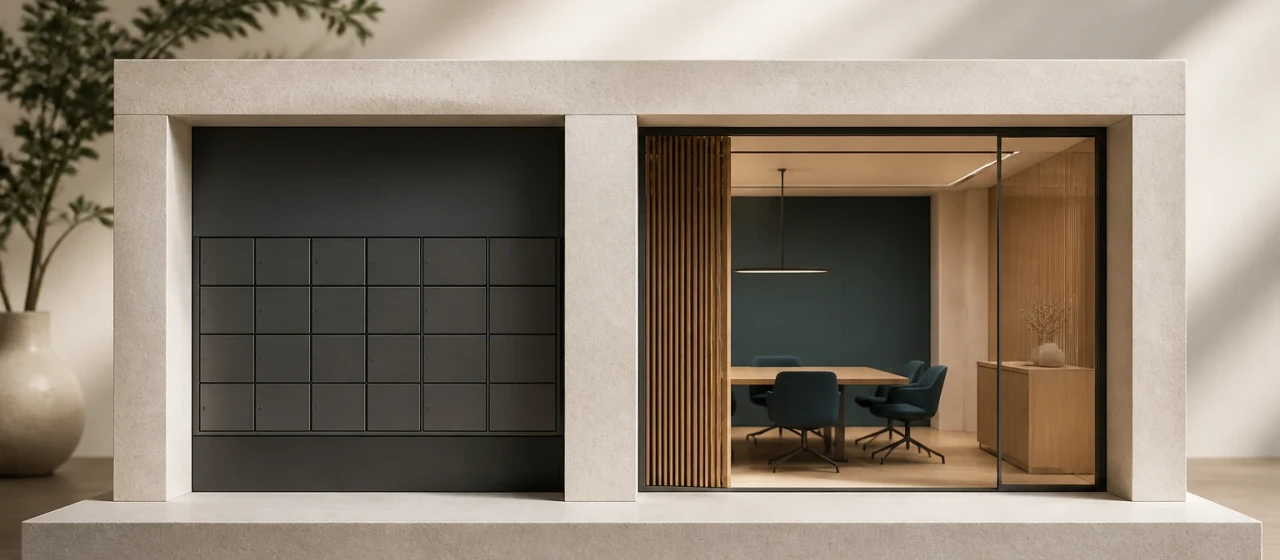 Mail compartments and meeting room anchored to one office base to illustrate company domiciliation