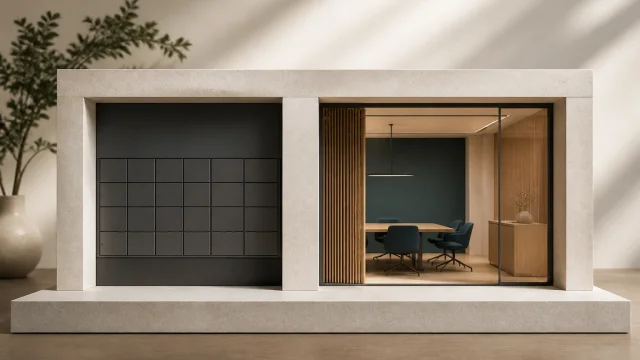 Mail compartments and meeting room anchored to one office base to illustrate company domiciliation