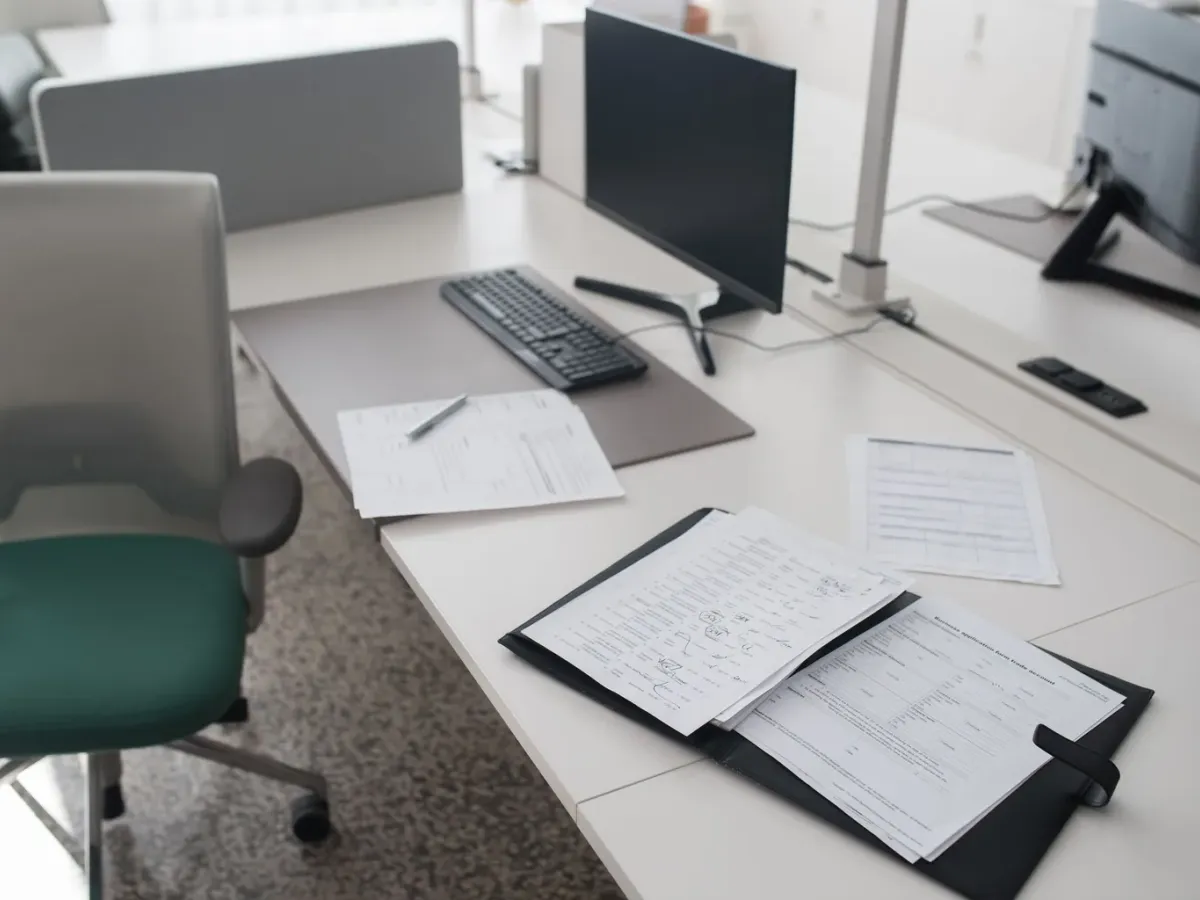 Bright office desk with documents, a computer screen and an empty chair