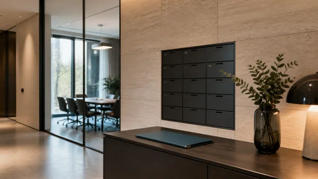 Hall professionnel avec point de courrier sécurisé et salle de réunion vitrée