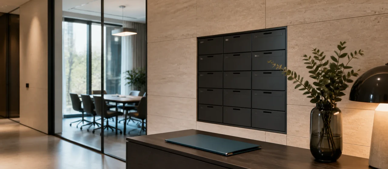 Hall professionnel avec point de courrier sécurisé et salle de réunion vitrée