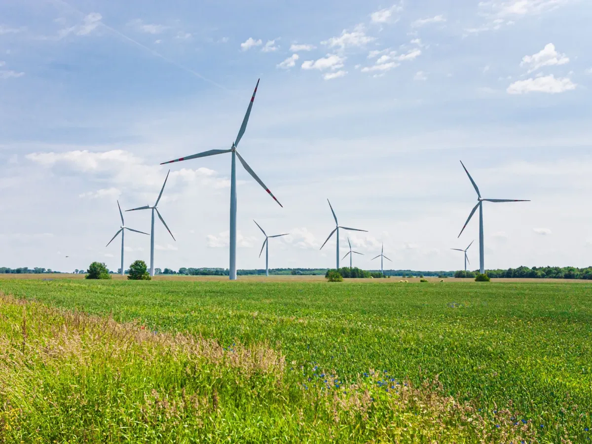 Wind turbines in a wide green field under a bright, lightly clouded sky
