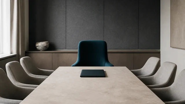 Chair at the head of a boardroom table with a closed portfolio to illustrate the general partner's governance role