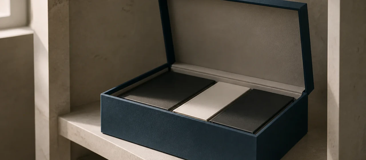 Boîte d'archives ouverte contenant trois portefeuilles privés sans inscription