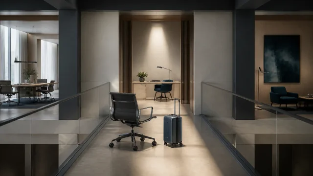 A travel case and empty chair crossing between two workspaces to illustrate an employee's relocation to Luxembourg