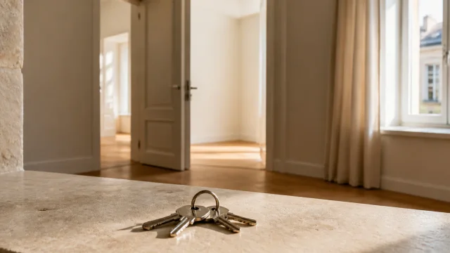 Trousseau de clés posé dans un appartement vide éclairé par le soleil