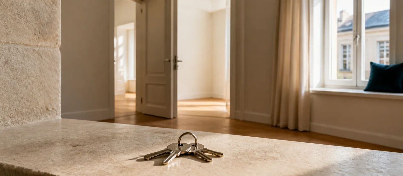 Trousseau de clés posé dans un appartement vide éclairé par le soleil
