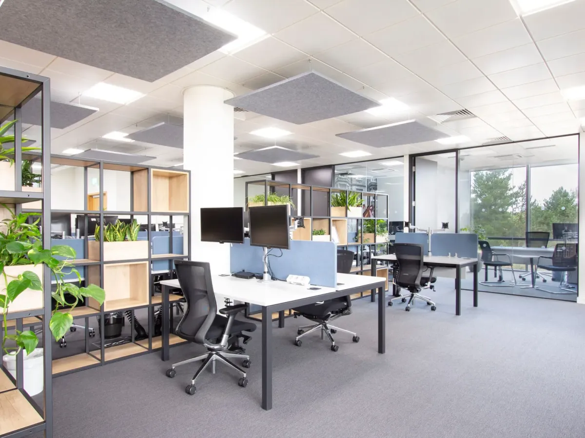 Plateau de bureaux lumineux, avec des postes blancs et des étagères garnies de plantes