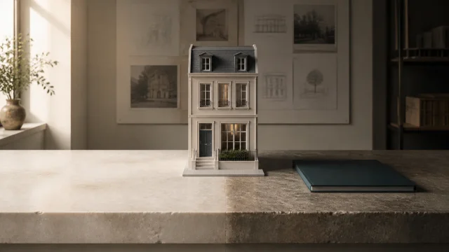 Townhouse model on a surface that changes from new to weathered to illustrate the holding period