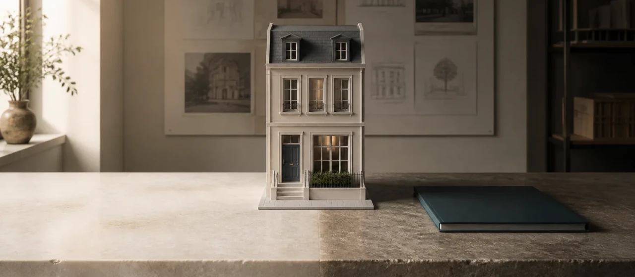Townhouse model on a surface that changes from new to weathered to illustrate the holding period