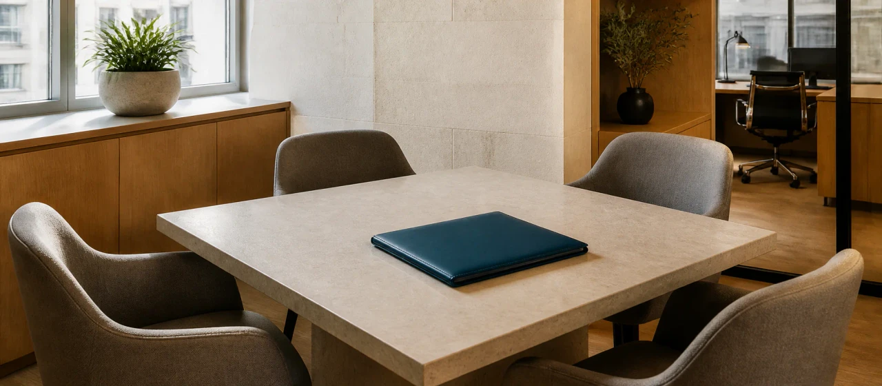 Table de réunion compacte avec un dossier de constitution de société au centre