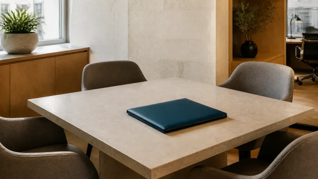 Table de réunion compacte avec un dossier de constitution de société au centre