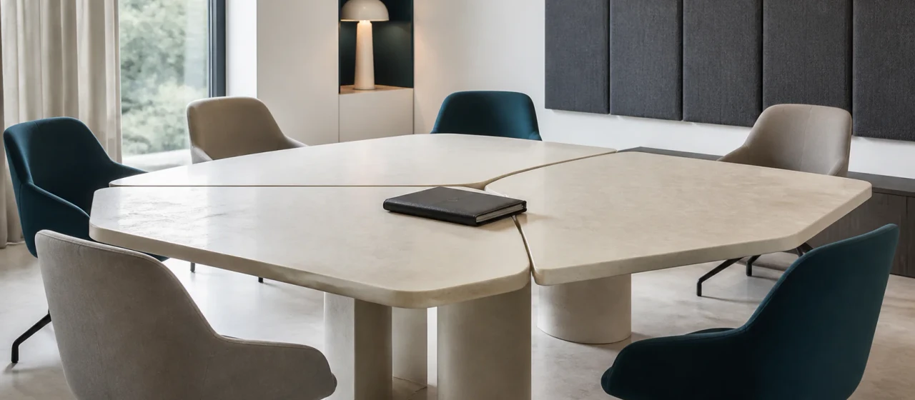 Tables modulaires assemblées dans une salle de réunion avec un dossier central