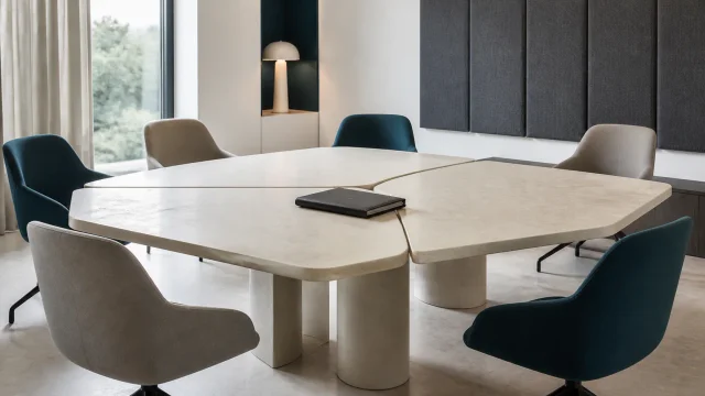 Tables modulaires assemblées dans une salle de réunion avec un dossier central