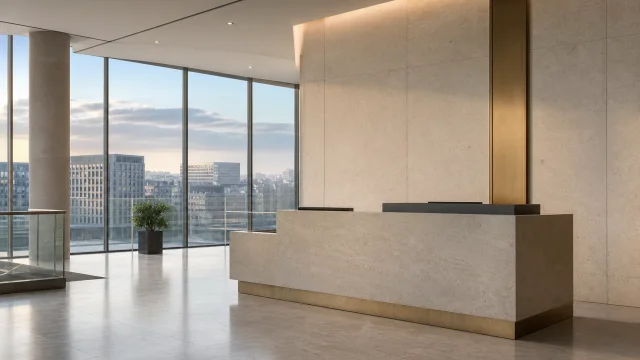 Reception desk in a modern office with an open city view