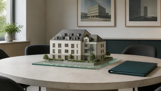 Maquette résidentielle au centre d’une table de réunion pour illustrer une détention immobilière commune