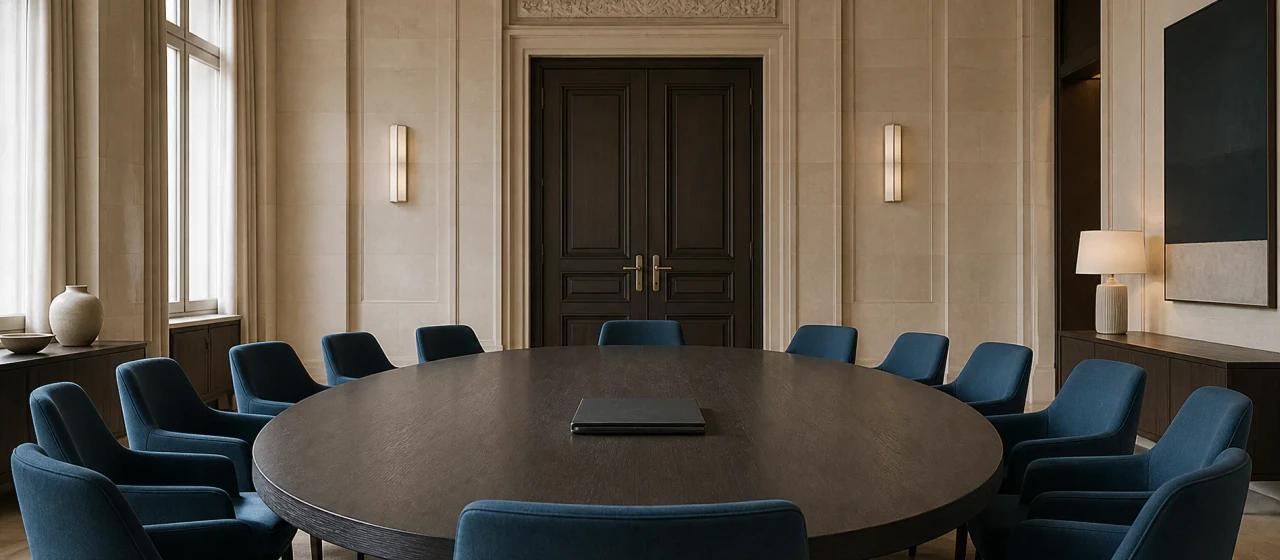 Grande table de conseil entourée de sièges dans une salle de gouvernance formelle